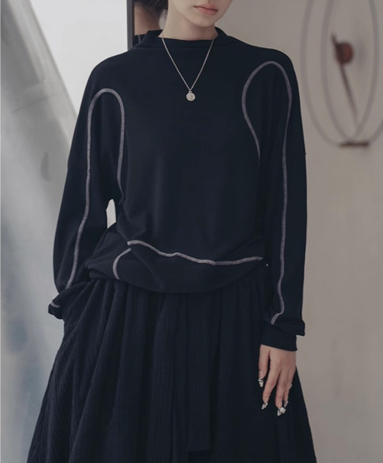 スタンドカラー ステッチ プルオーバー レディース トップス 長袖 ストリート シンプル カジュアル おしゃれ かっこいい 無地 秋 冬 通勤 通学 お出かけ 公園 休日 ショッピング S M L