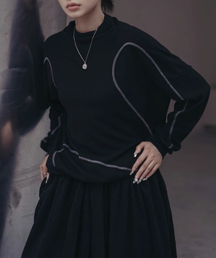 スタンドカラー ステッチ プルオーバー レディース トップス 長袖 ストリート シンプル カジュアル おしゃれ かっこいい 無地 秋 冬 通勤 通学 お出かけ 公園 休日 ショッピング S M L