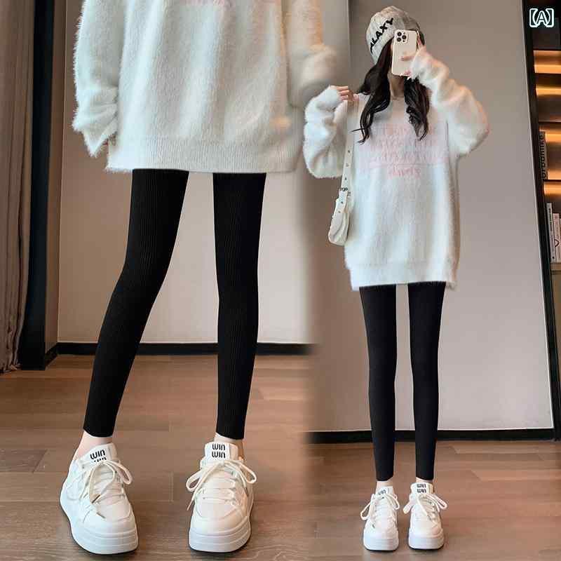 パンツ レディース 秋 冬 ニット 厚手 レギンス アウターウェア 綿 ハイウエスト スリム 弾性 タイト