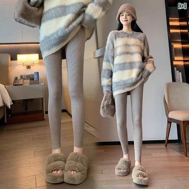 パンツ レディース 秋 冬 ニット 厚手 レギンス アウターウェア 綿 ハイウエスト スリム 弾性 タイト
