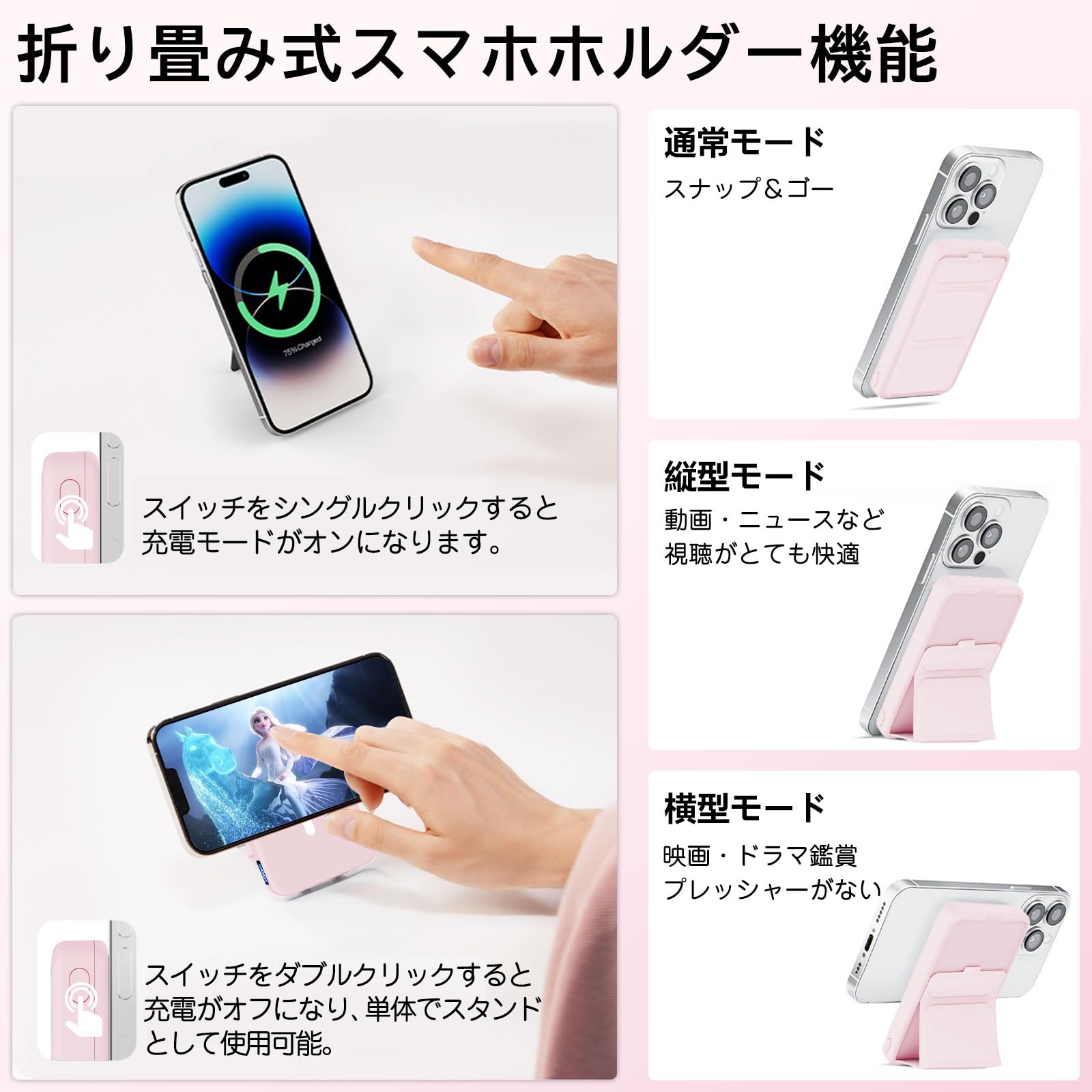 LUCKYDUO モバイルバッテリー magsafe 10000mAh 大容量 急速充電 マグネット ワイヤレス モバイルバッテリー 軽量 小型 薄型 折りたたみ式スタンド 【15W ワイヤレス充電/