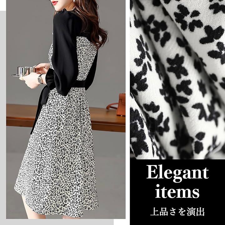 ワンピース シフォン フリル袖 花柄 切り替えワンピース 膝下丈 長袖 レディース( ブラック, XL)