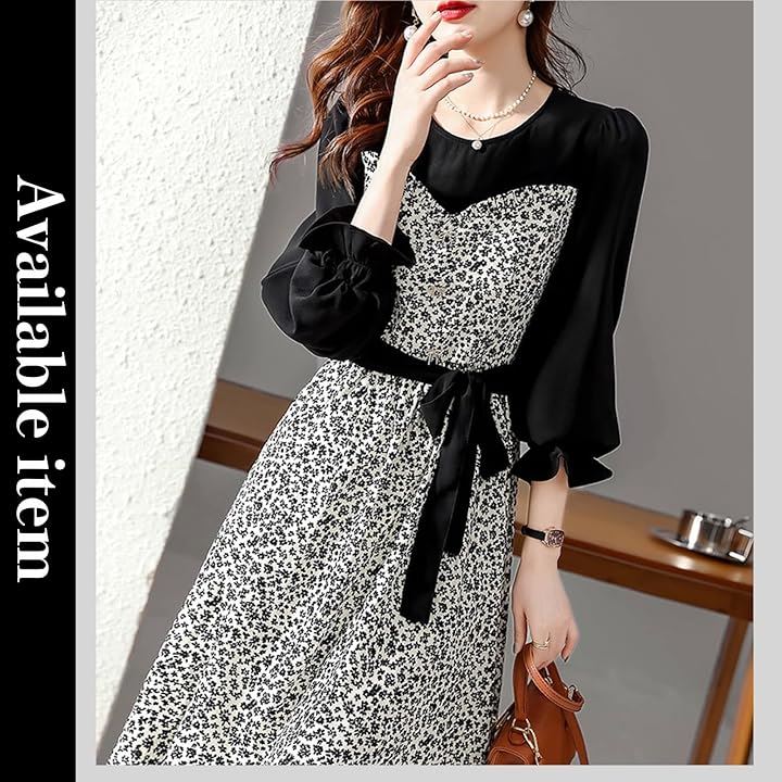 ワンピース シフォン フリル袖 花柄 切り替えワンピース 膝下丈 長袖 レディース( ブラック, XL)