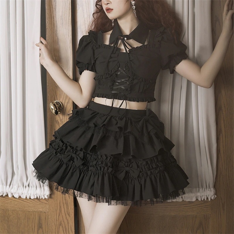 ゴスロリ 黒 赤 ロリータ ミニスカートセット コスプレ コスム 文化祭 リボン ギャル