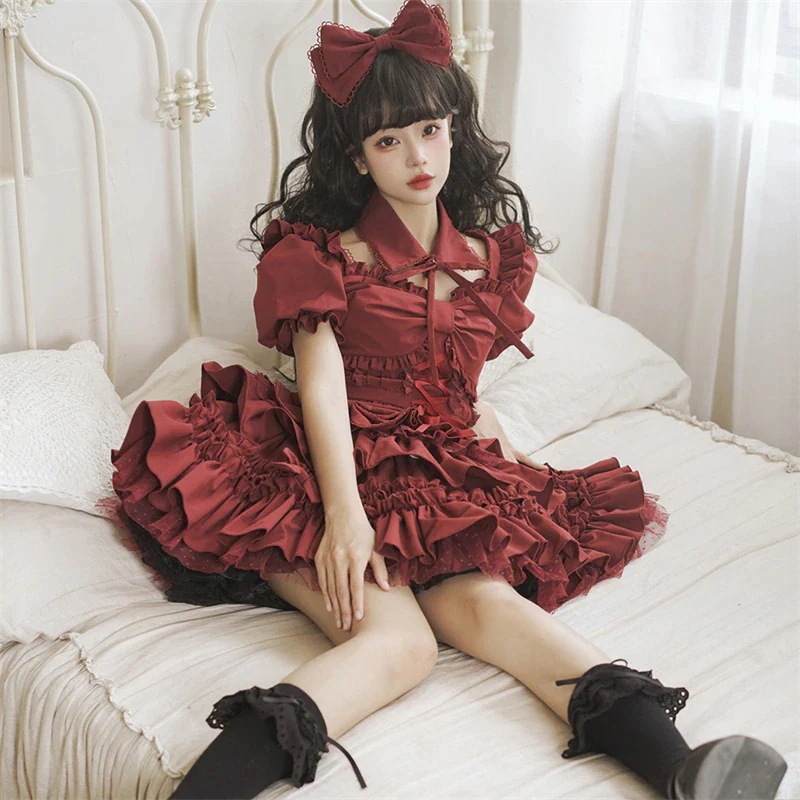 ゴスロリ 黒 赤 ロリータ ミニスカートセット コスプレ コスム 文化祭 リボン ギャル