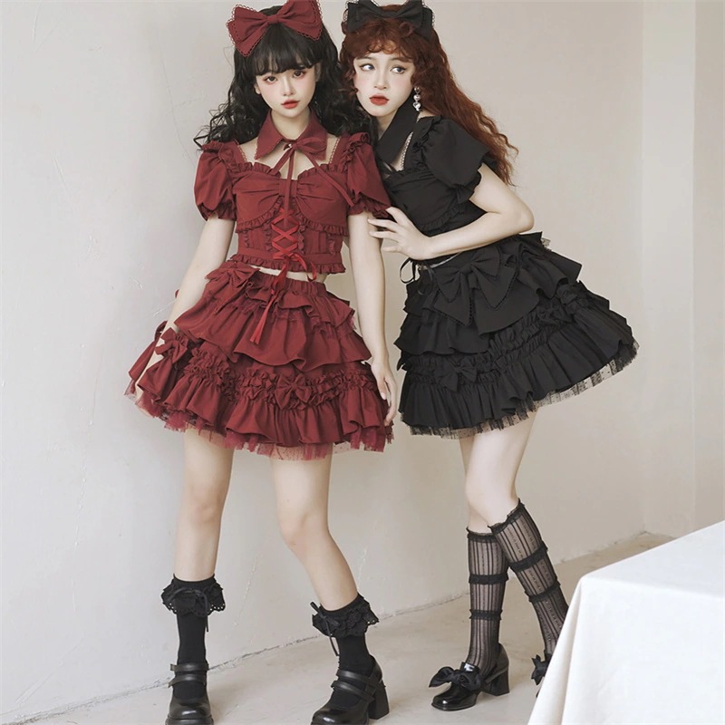 ゴスロリ 黒 赤 ロリータ ミニスカートセット コスプレ コスム 文化祭 リボン ギャル