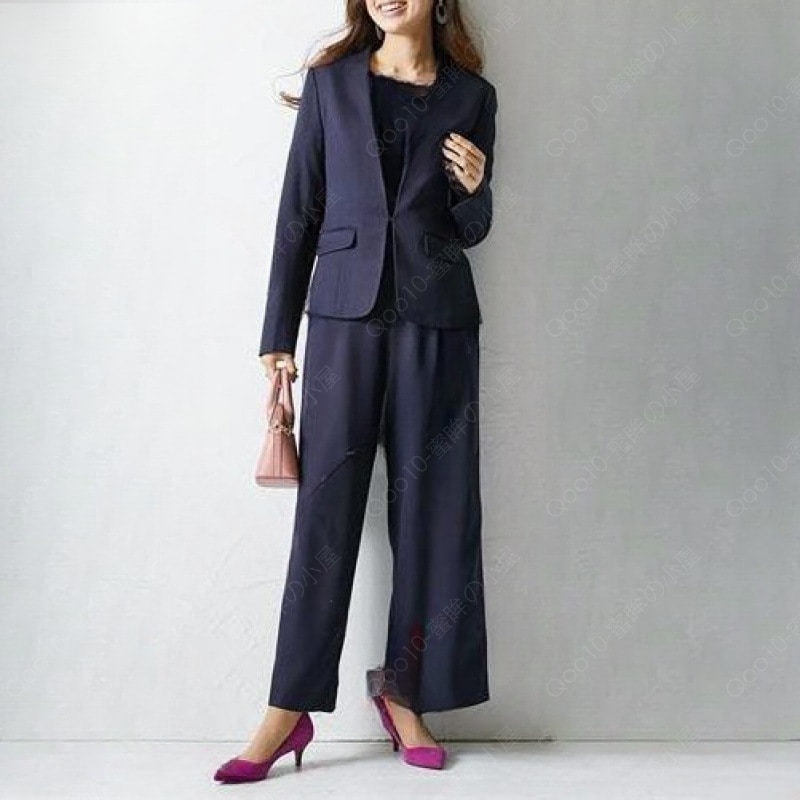 スーツ レディース オフィス フォーマル ドビー素材 3点セット カラーレス ジャケット ＋フレア袖 ブラウス ＋リボン付ワイド パンツ-80