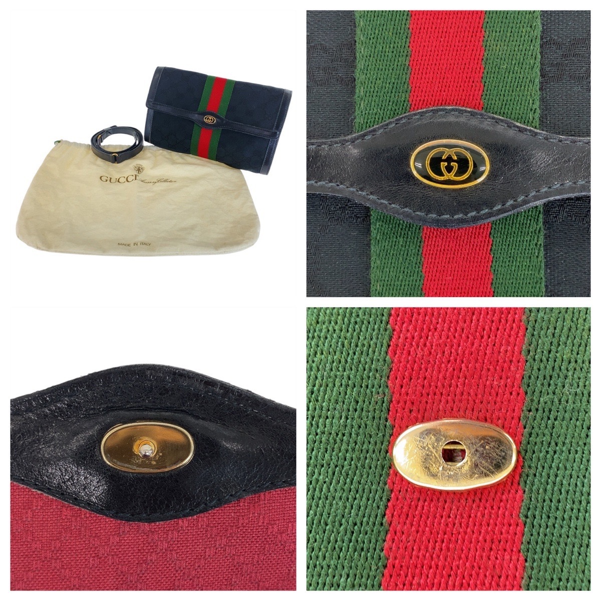 美品 ヴィンテージ オールドグッチ シェリーライン ブラック マルチカラー ゴールド金具 GGキャンバス ショルダーバッグ クラッチバッグ レディース 408723