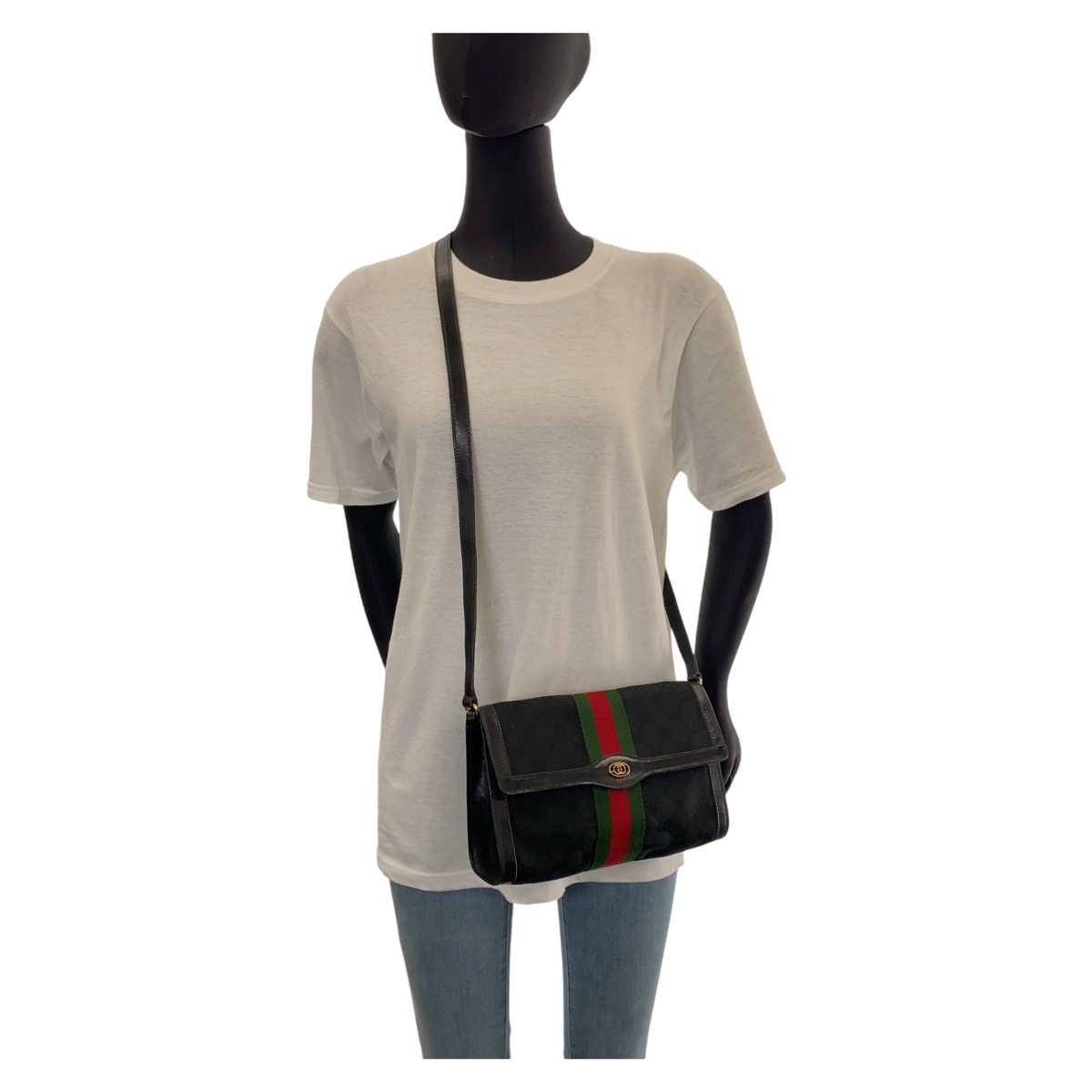 美品 ヴィンテージ オールドグッチ シェリーライン ブラック マルチカラー ゴールド金具 GGキャンバス ショルダーバッグ クラッチバッグ レディース 408723