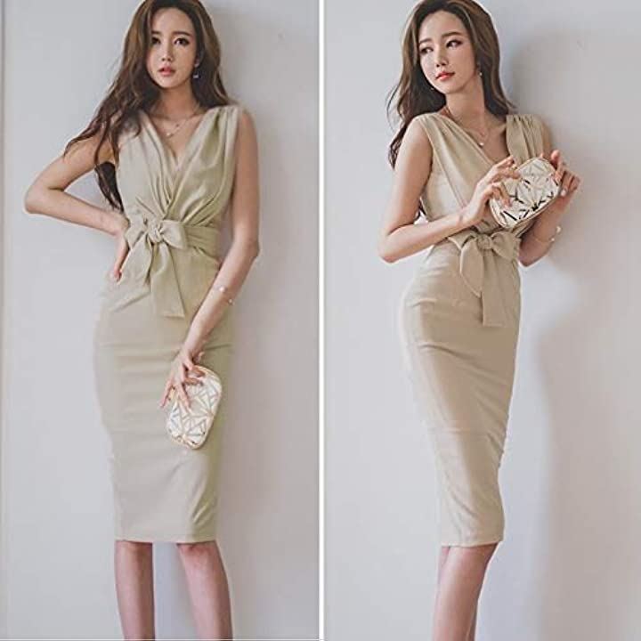 リボン ワンピース カシュクール タイト クラブドレス Vネック ノースリーブ ひざ丈 レディース(ベージュ, L)