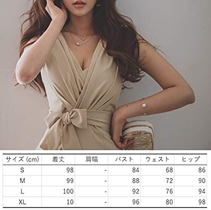 リボン ワンピース カシュクール タイト クラブドレス Vネック ノースリーブ ひざ丈 レディース(ベージュ, L)