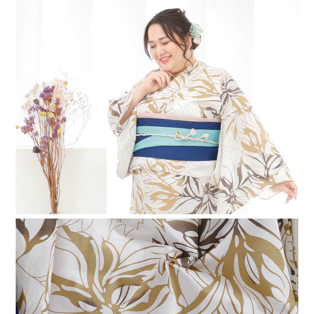 浴衣　大きいサイズ　レディース　ゆかた　大人　浴衣単品　３Ｌ　４Ｌ　ぽっちゃり　ふくよかさん向け　大きい　女性　花柄　ブラウン