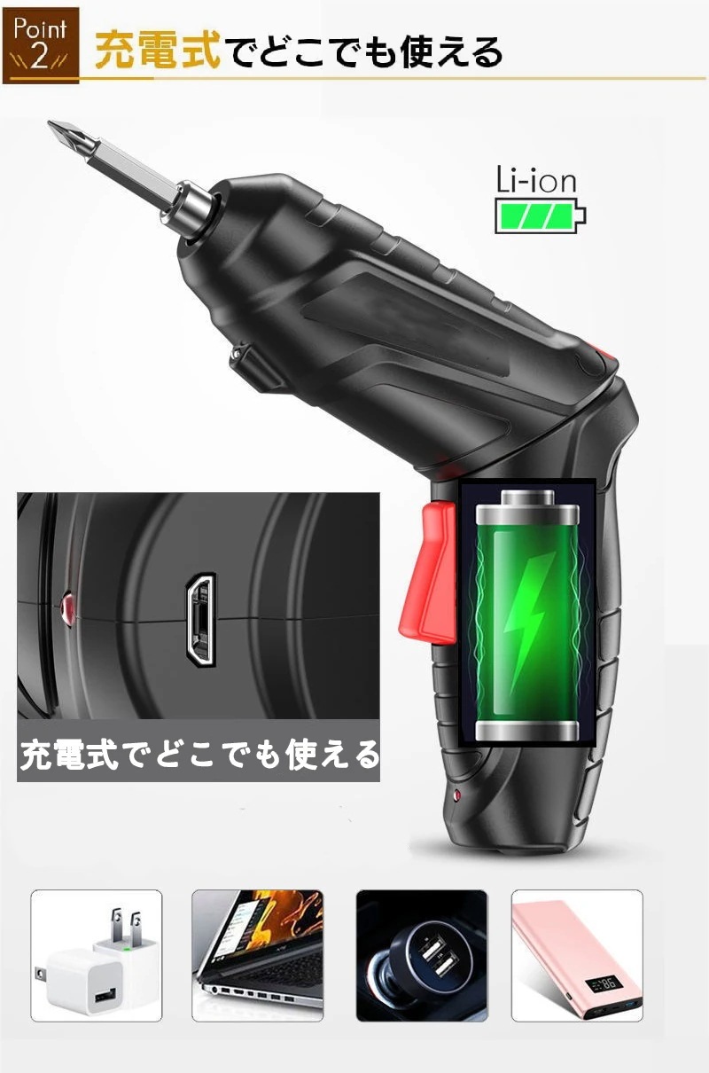 ドライバー 1800mAh 収納ボックス付き ドライバーセット 家具組み立て 小型 47個部品付き ハイパワー 3.5mトルク コードレス USB充電 電動ドライバー DIY 女性 超軽量 3.6V