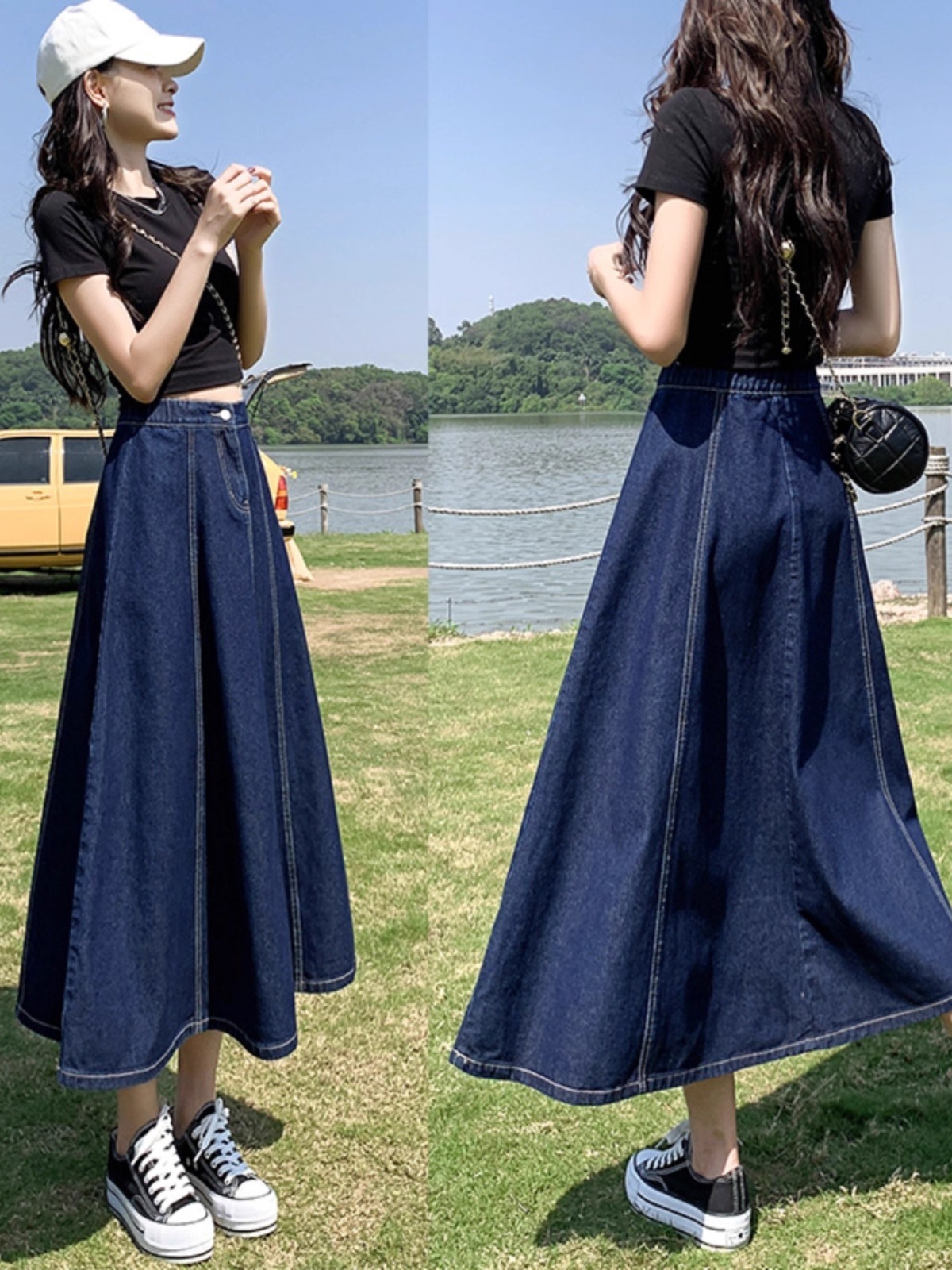 レディース スカート ボトムス ミディアム デニムスカート 膝下 ミモレ セミフレア Aライン ボタン ヴィンテージ アメカジ ウォッシュ かわいい 大人可愛い シンプル カジュアル おしゃれ