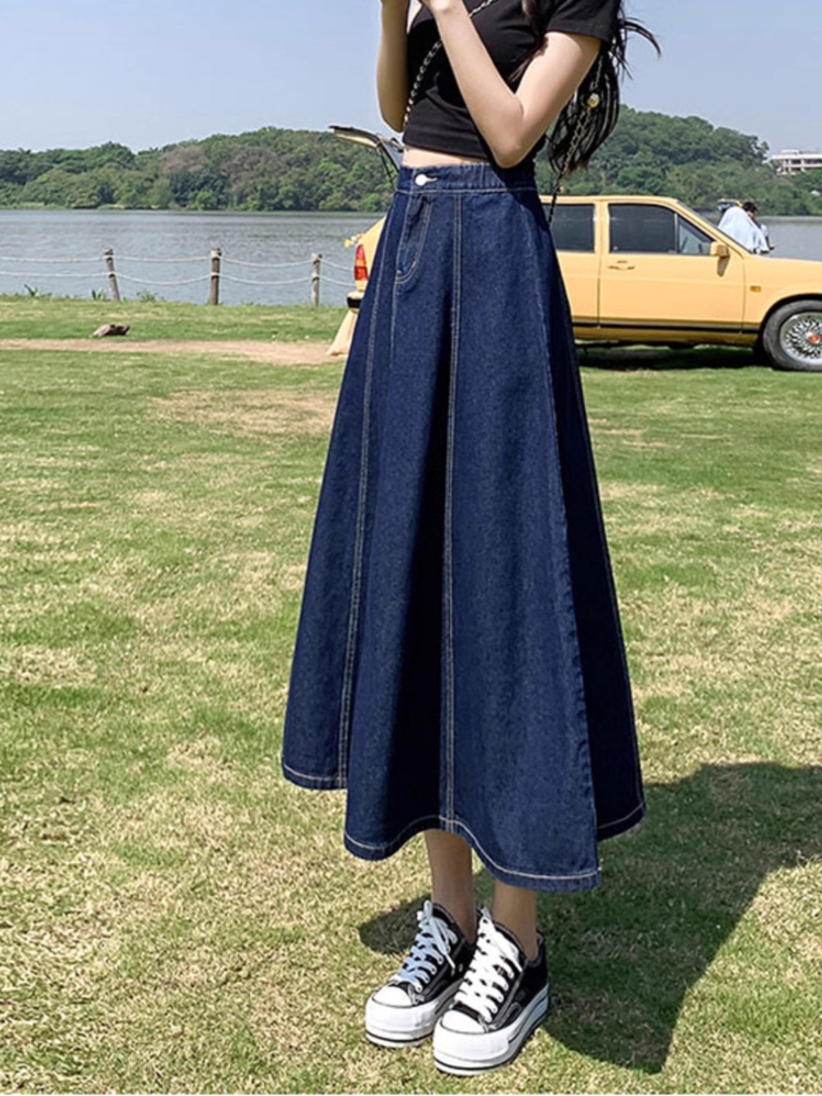 レディース スカート ボトムス ミディアム デニムスカート 膝下 ミモレ セミフレア Aライン ボタン ヴィンテージ アメカジ ウォッシュ かわいい 大人可愛い シンプル カジュアル おしゃれ