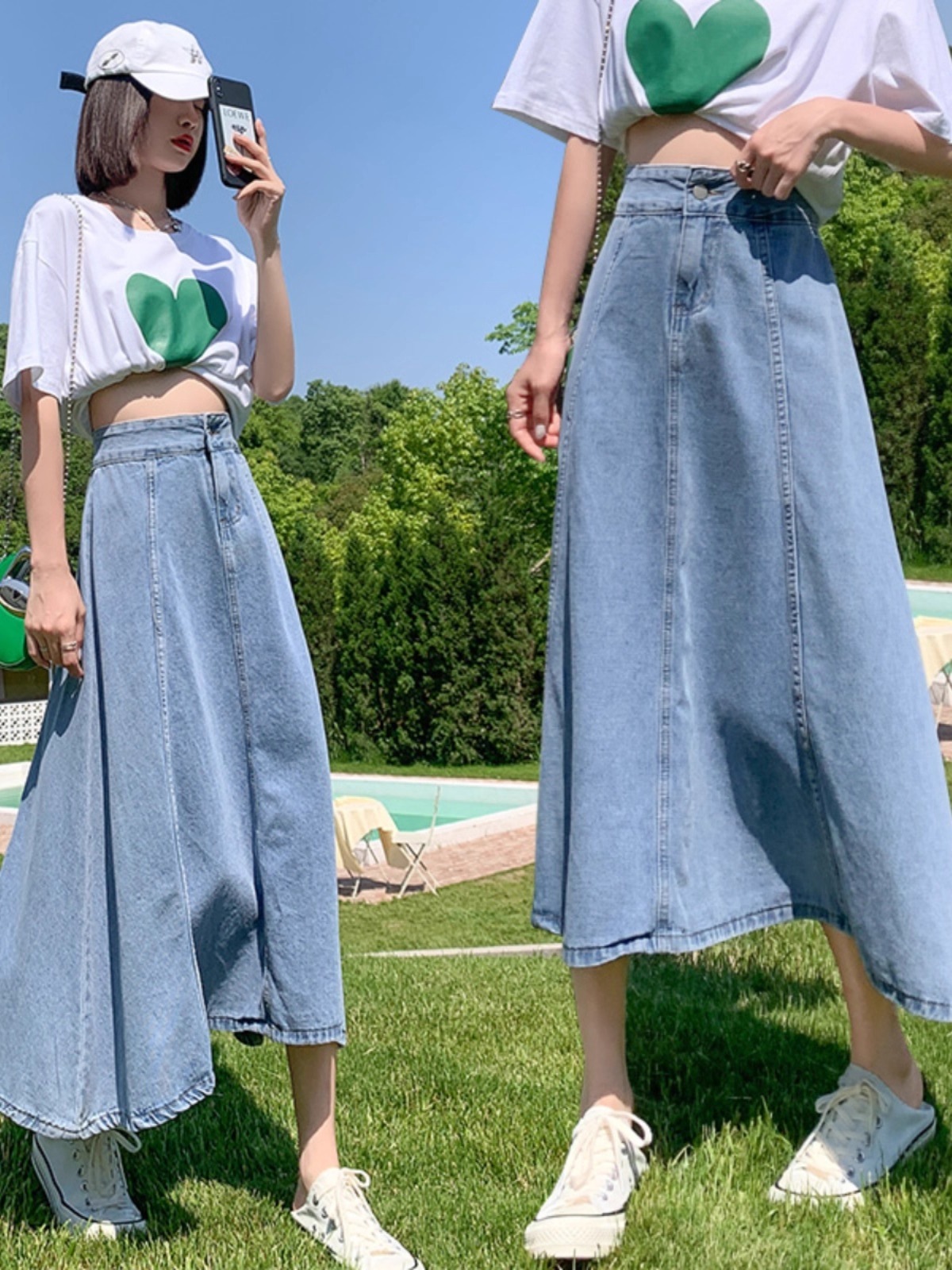 レディース スカート ボトムス ミディアム デニムスカート 膝下 ミモレ セミフレア Aライン ボタン ヴィンテージ アメカジ ウォッシュ かわいい 大人可愛い シンプル カジュアル おしゃれ