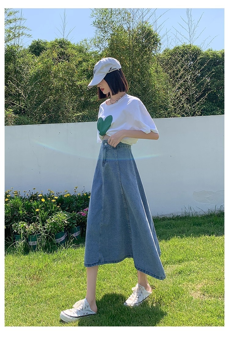 レディース スカート ボトムス ミディアム デニムスカート 膝下 ミモレ セミフレア Aライン ボタン ヴィンテージ アメカジ ウォッシュ かわいい 大人可愛い シンプル カジュアル おしゃれ