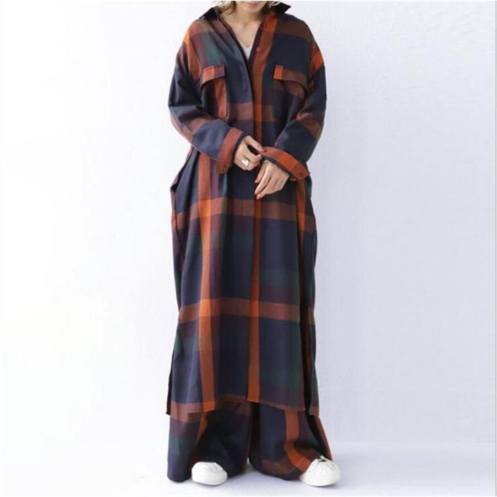 【即納】セットアップ レディース 春 長袖 シャツワンピース ロングシャツ ワイドパンツ チェック柄 ロングパンツ ２点セット カジュア 体型カバー 2way