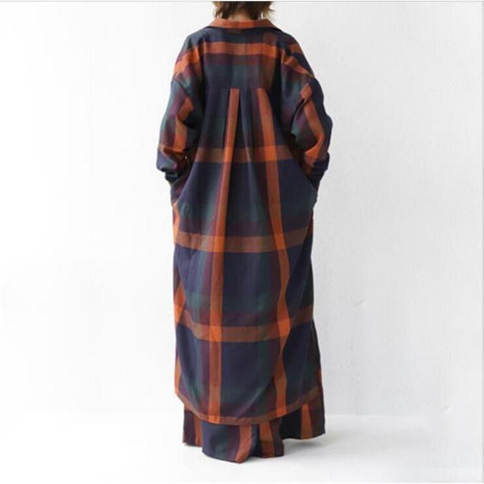 【即納】セットアップ レディース 春 長袖 シャツワンピース ロングシャツ ワイドパンツ チェック柄 ロングパンツ ２点セット カジュア 体型カバー 2way