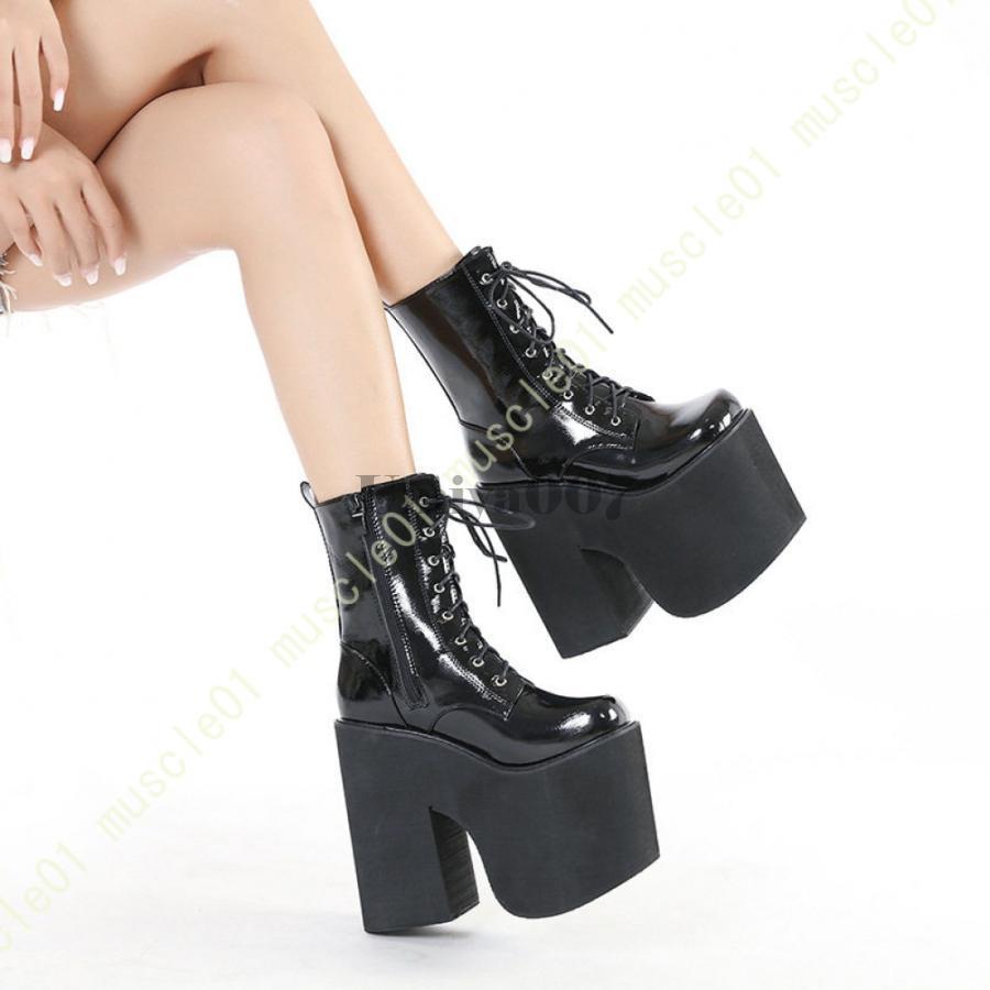 レディース ショートブーツ 厚底 黒 太ヒール レースアップ サイドジッパー チェーン付き 編み上げブーツ 滑り止め 歩きやすい レザー 秋冬 ウェッジブーツ