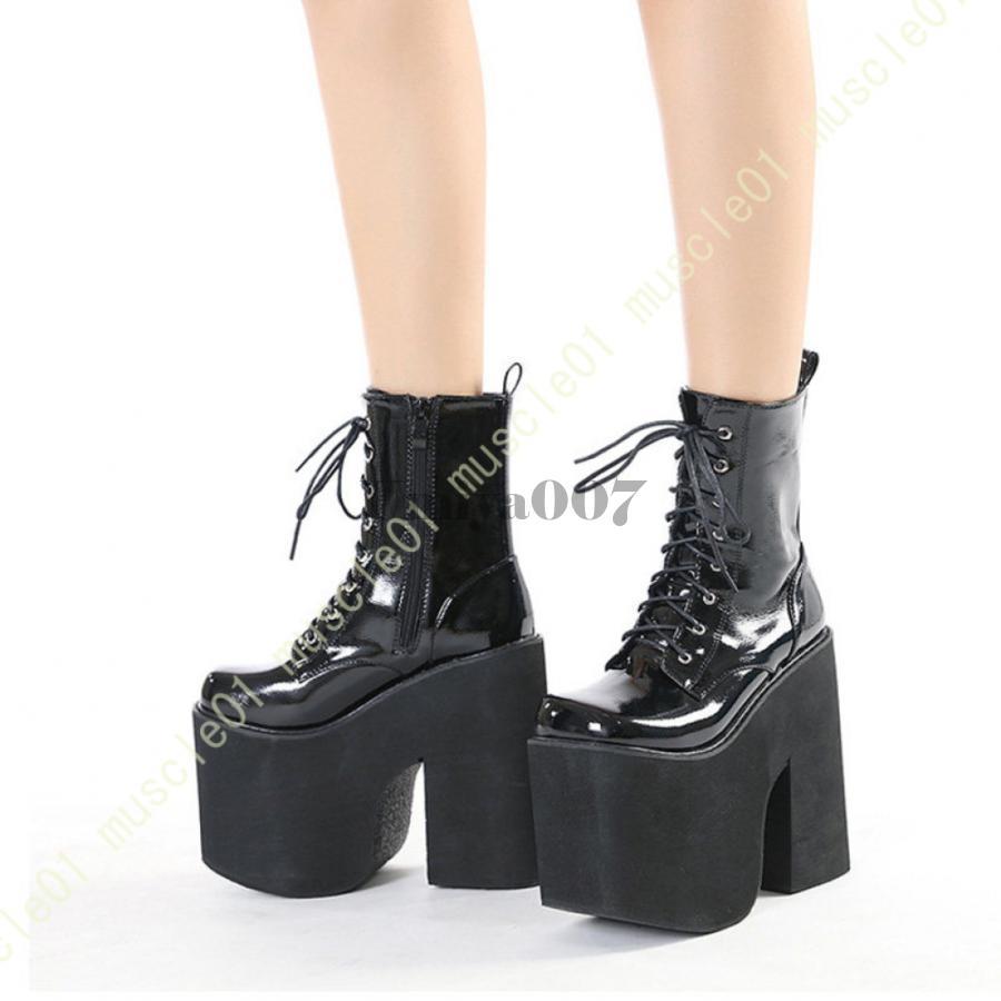 レディース ショートブーツ 厚底 黒 太ヒール レースアップ サイドジッパー チェーン付き 編み上げブーツ 滑り止め 歩きやすい レザー 秋冬 ウェッジブーツ