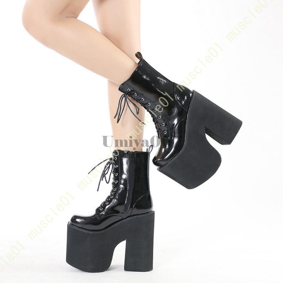 レディース ショートブーツ 厚底 黒 太ヒール レースアップ サイドジッパー チェーン付き 編み上げブーツ 滑り止め 歩きやすい レザー 秋冬 ウェッジブーツ
