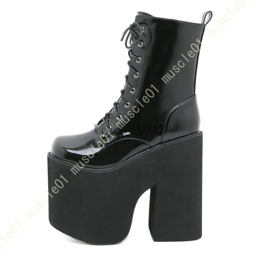 レディース ショートブーツ 厚底 黒 太ヒール レースアップ サイドジッパー チェーン付き 編み上げブーツ 滑り止め 歩きやすい レザー 秋冬 ウェッジブーツ