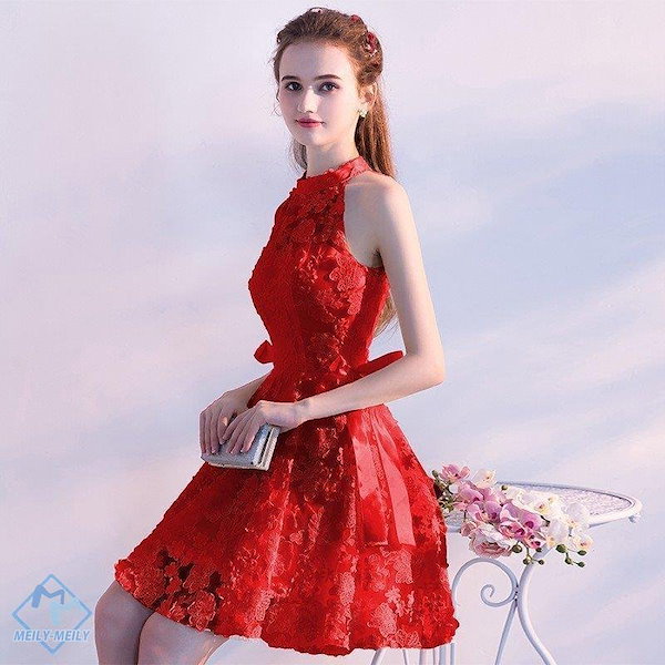 ドレス 赤 ミニ 赤 レース可愛いパーティードレス ミニスカート 膝丈 結婚式
