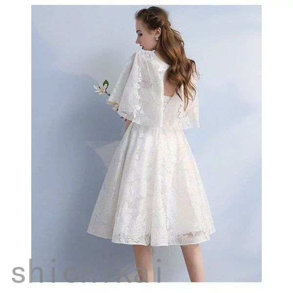 卒業式 ケープ風 白 お呼ばれドレス パーティドレス パーティードレス ドレス 大人 ホワイトデー ドレス 二次会ドレス ウェディングドレス 袖あり THOM 可愛い WILLS 結婚式 発表会