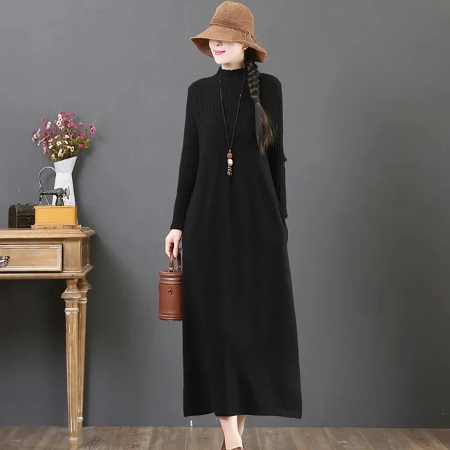ニットワンピース レディース ニットセーター 無地 ハーフハイネック 長袖 ロング丈 リブ編み