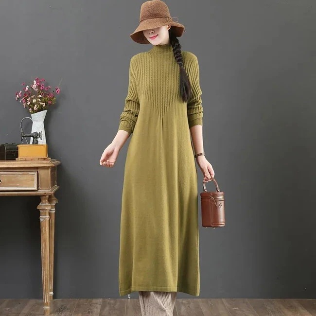 ニットワンピース レディース ニットセーター 無地 ハーフハイネック 長袖 ロング丈 リブ編み