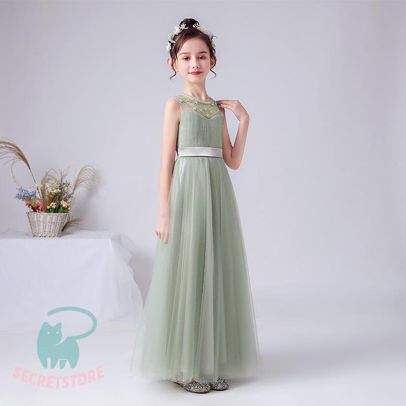 子供ドレス 発表会ドレス 高級 ワンピース グリーン ジュニア 女の子 ロング コンクール ドレス 結婚式 キッズ バイオリン演奏会 こども フォーマル リボン