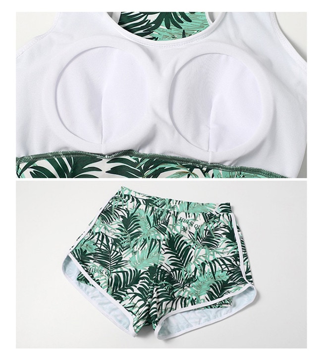 3点セット セットアップ ラッシュガード トップス タンキニ ぽっちゃり 水着 大きいサイズ 緑 体型カバー パーム柄 スポーティ 日焼け対策 露出対策 ママ ジム ビーチ プール 水着 レディース
