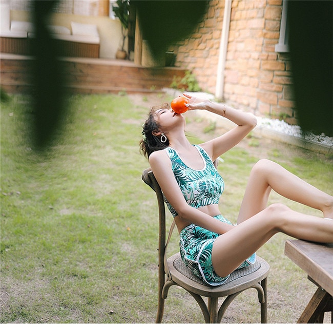 3点セット セットアップ ラッシュガード トップス タンキニ ぽっちゃり 水着 大きいサイズ 緑 体型カバー パーム柄 スポーティ 日焼け対策 露出対策 ママ ジム ビーチ プール 水着 レディース