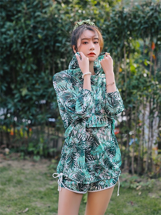 3点セット セットアップ ラッシュガード トップス タンキニ ぽっちゃり 水着 大きいサイズ 緑 体型カバー パーム柄 スポーティ 日焼け対策 露出対策 ママ ジム ビーチ プール 水着 レディース