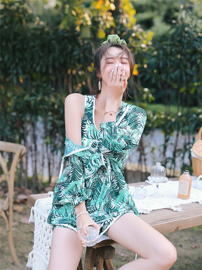 3点セット セットアップ ラッシュガード トップス タンキニ ぽっちゃり 水着 大きいサイズ 緑 体型カバー パーム柄 スポーティ 日焼け対策 露出対策 ママ ジム ビーチ プール 水着 レディース