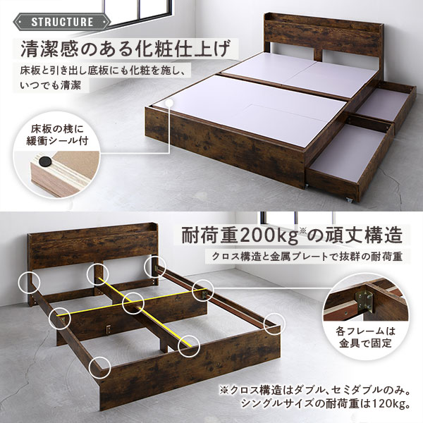 ベッド 収納付き 引き出し付き 木製 棚付き 宮付き コンセント付き シンプル モダン ヴィンテージブラウン ダブル ボンネルコイルマットレス付き