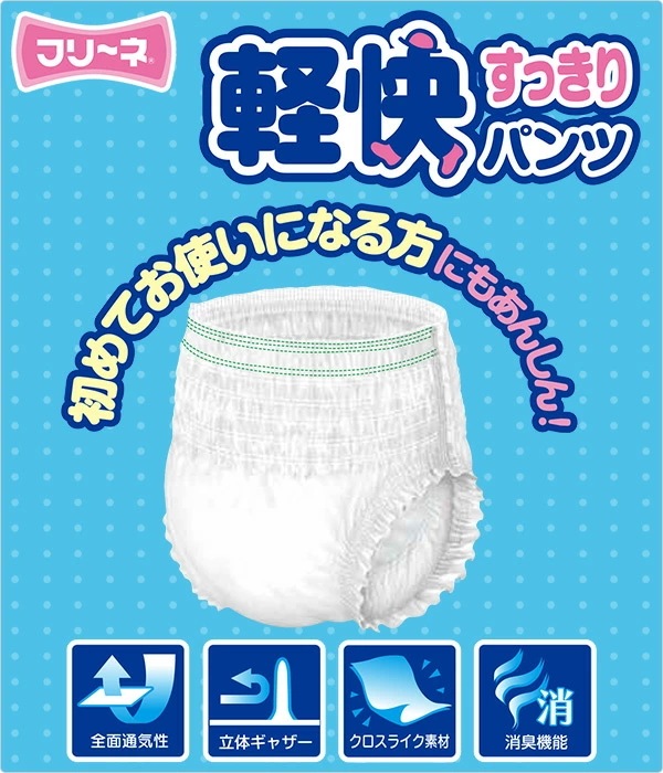 フリーネ 大人用紙おむつ パンツタイプ 軽快パンツ (排尿量2回分)S(88枚)/M(80枚)/L(72枚)/LL(64枚) FKS-162/FKS-163/FKS-164/FKS-165