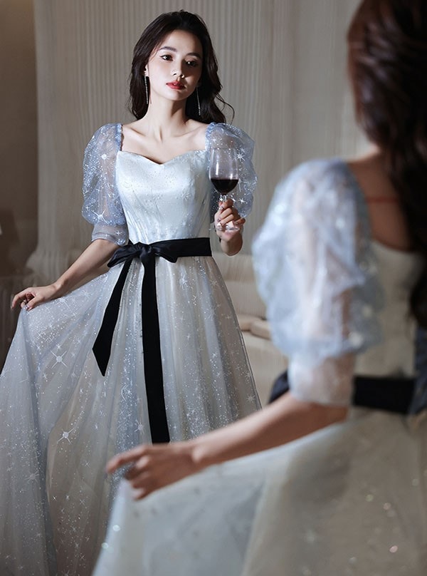 パフスリーブ パーティードレス ロング 演奏会 袖付き ドレス 小さい