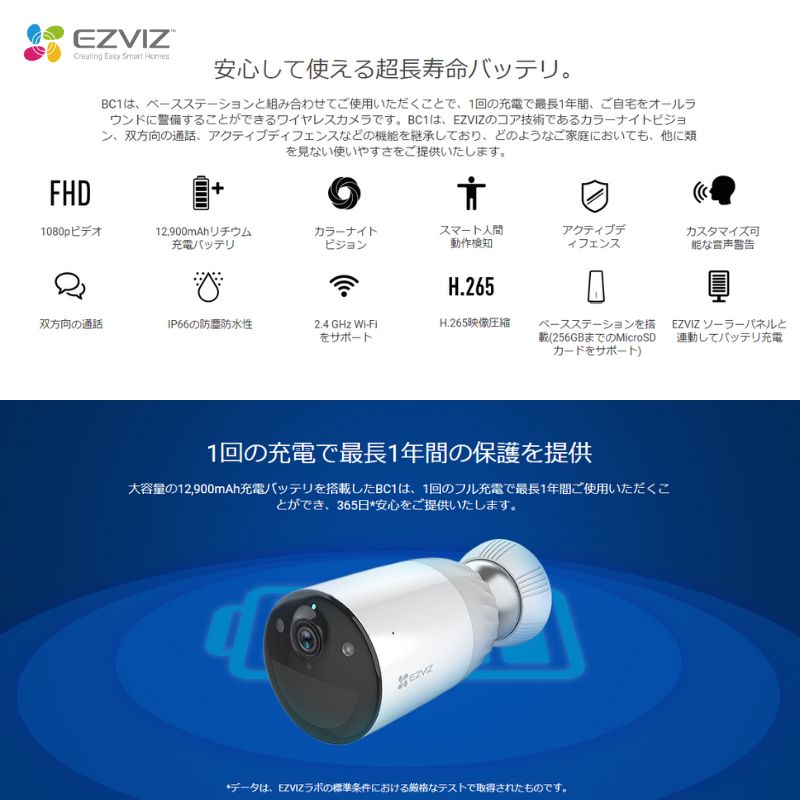 EZVIZ スマートカメラ Webカメラ ネットワークカメラ 防犯カメラ 屋外用 長寿命 大容量 バッテリー 防水 防塵 Wi-Fi 対応 双方向通話 専用アプリ CS-BC1-B1 ウェブカメラ EZVIZ スマートカメラ Webカメラ ネットワークカメラ 防犯カメラ 屋外用 長寿命 大容量 バッテリー 防水 防塵 Wi-Fi 対応 双方向通話 専用アプリ CS-BC1-B1 ウェブカメラ