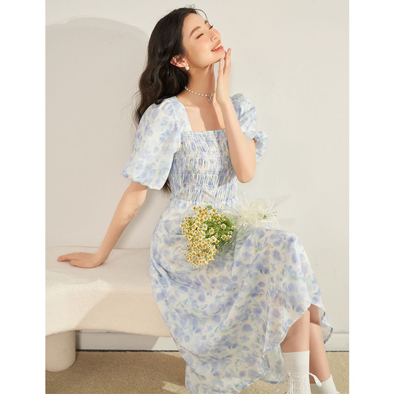 プリントドレス女性スクエアネックバブルスリーブブルー花ウエストリゾートスタイルロングドレスワンピース パーティードレス パーティドレス ドレス ロングドレ パーティードレス 結婚式 二次会 ワンピース