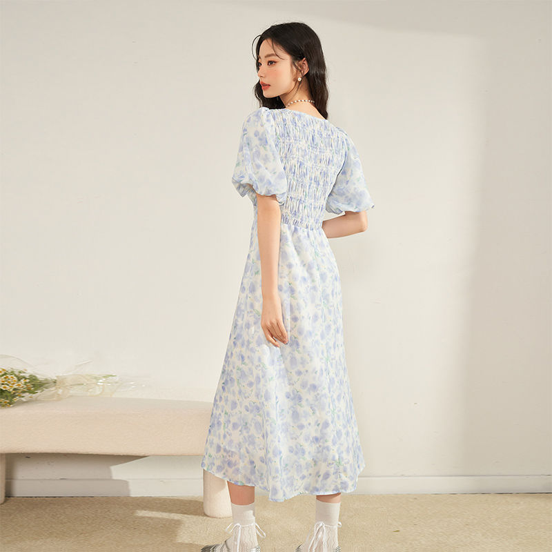 プリントドレス女性スクエアネックバブルスリーブブルー花ウエストリゾートスタイルロングドレスワンピース パーティードレス パーティドレス ドレス ロングドレ パーティードレス 結婚式 二次会 ワンピース