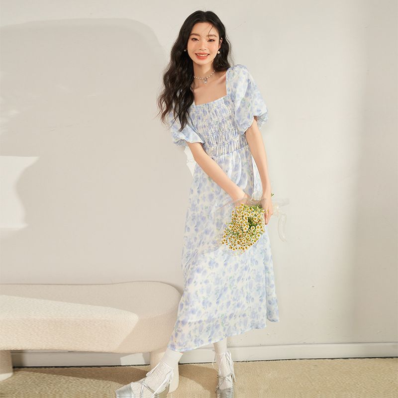 プリントドレス女性スクエアネックバブルスリーブブルー花ウエストリゾートスタイルロングドレスワンピース パーティードレス パーティドレス ドレス ロングドレ パーティードレス 結婚式 二次会 ワンピース