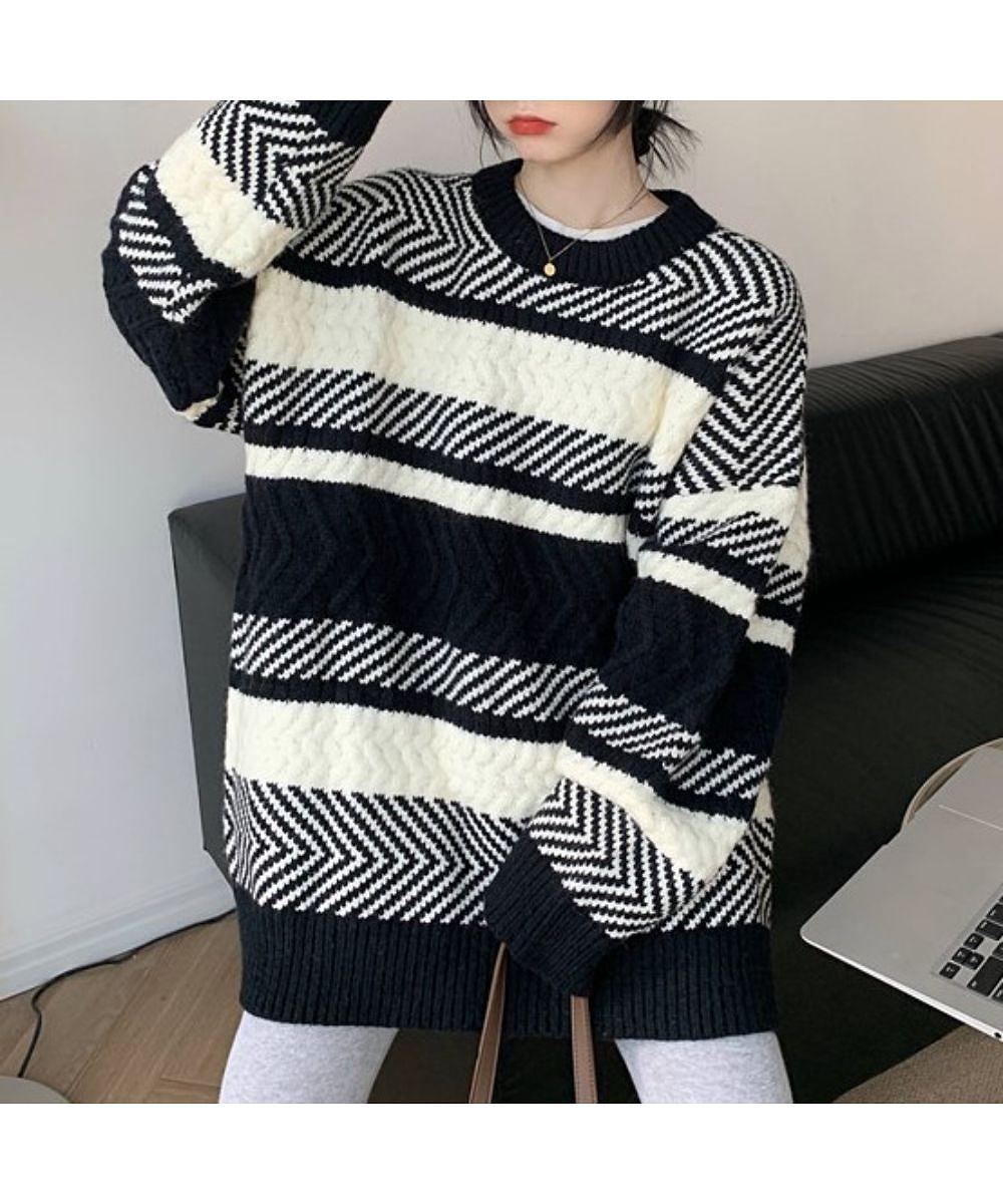 ざっくりランダムなジャガード編みがかわいい ニット 長袖 プルオーバー トップス ボーダー バイカラー ランダムボーダー夏 夏服 韓国ファッション ざっくりランダムなジャガード編みがかわいい ニット 長袖 プルオーバー トップス ボーダー バイカラー ランダムボーダー夏 夏服 韓国ファッション