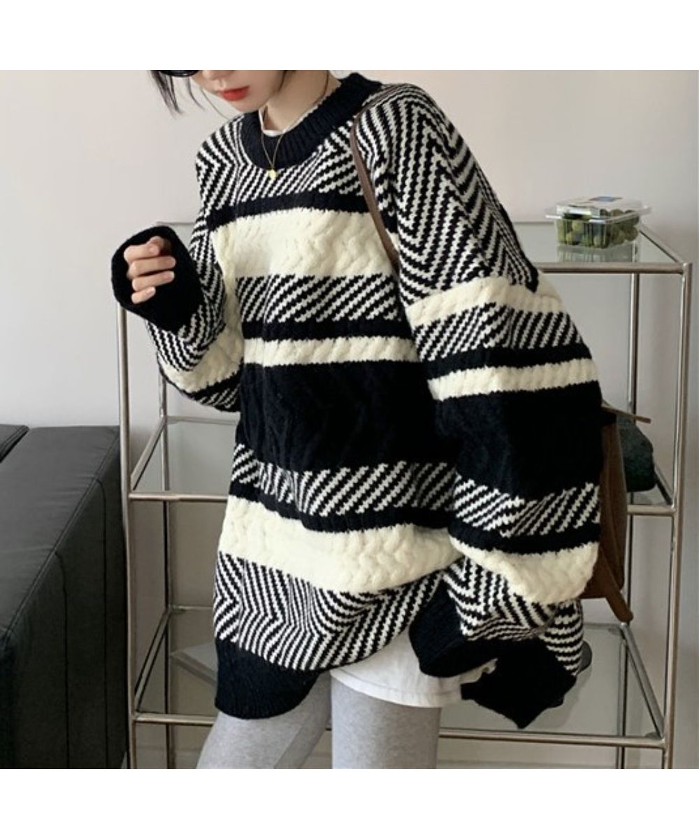 ざっくりランダムなジャガード編みがかわいい ニット 長袖 プルオーバー トップス ボーダー バイカラー ランダムボーダー夏 夏服 韓国ファッション ざっくりランダムなジャガード編みがかわいい ニット 長袖 プルオーバー トップス ボーダー バイカラー ランダムボーダー夏 夏服 韓国ファッション