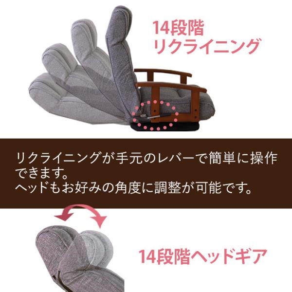 座椅子 ハイバック リクライニング フロアチェア 回転 肘掛 コンパクト おしゃれ レトロ 完成品 グレー
