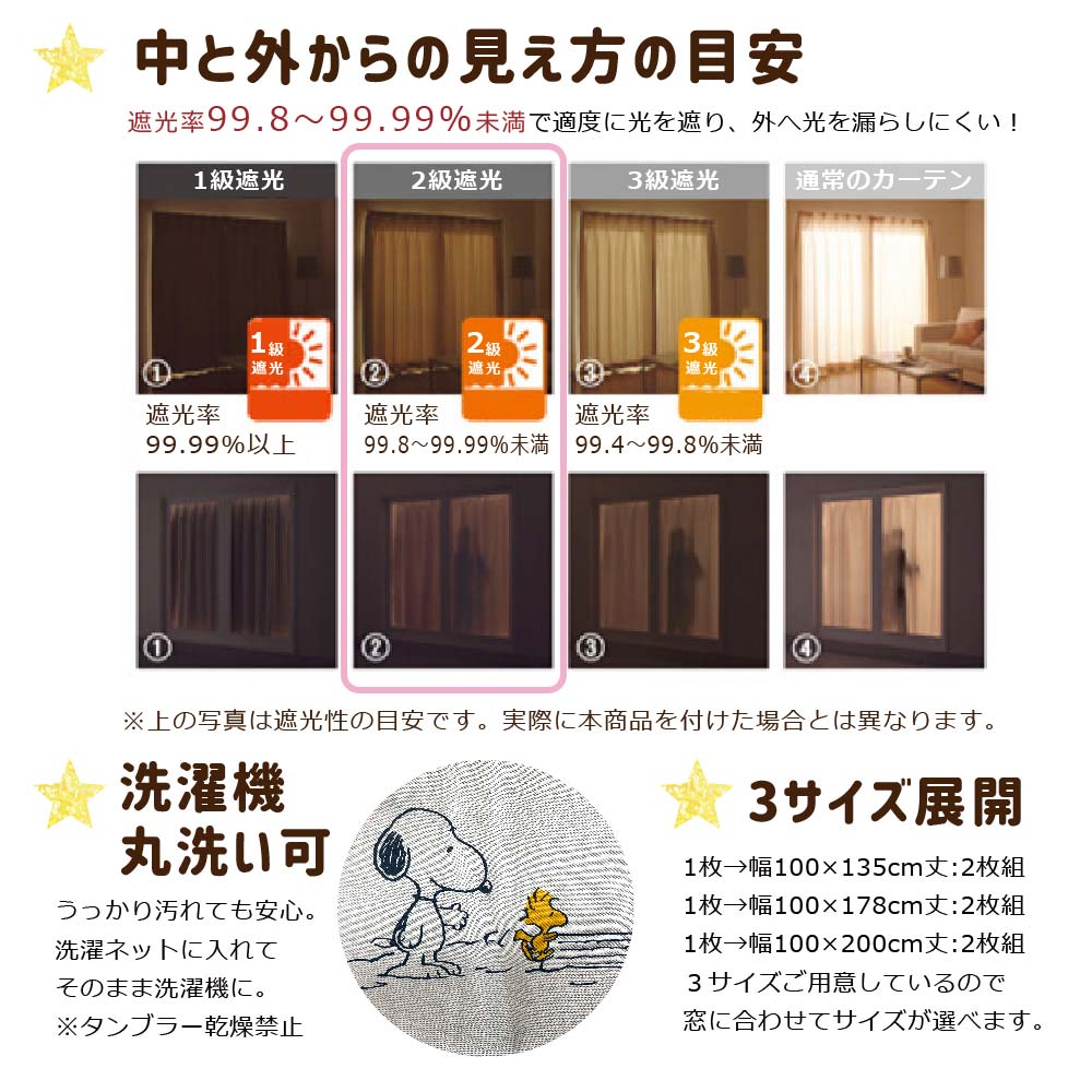 スヌーピー 2級 遮光 遮熱 カーテン コミック柄 幅100x200cm丈 2枚セットアイボリー Snoopy キャラクター 丸洗い可 形状記憶 大人向け グッズ KO-16