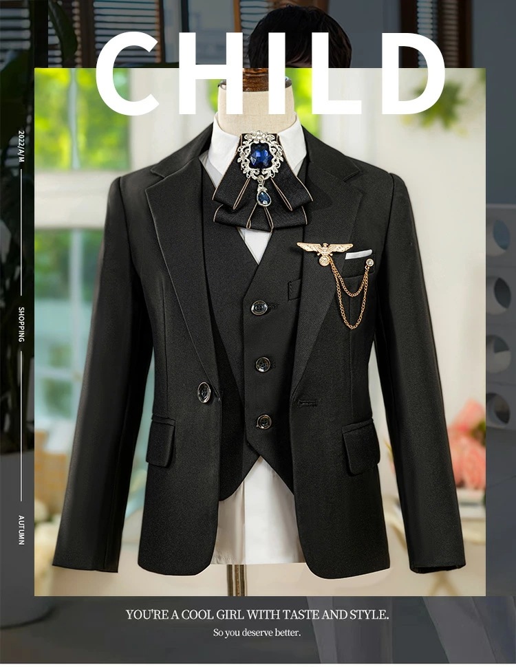 今がチャンス高級感 紳士服 キッズスーツ キッズ服 子供服 スーツセット 男の子スーツ 七五三 舞台演出 音楽会 演奏会 ブラック 無地 お揃い ジャケット パンツ シャツ ベスト ２色 格好良い 入_1