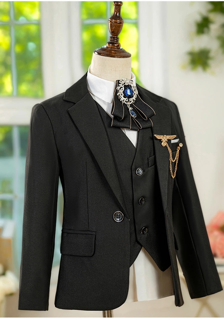 今がチャンス高級感 紳士服 キッズスーツ キッズ服 子供服 スーツセット 男の子スーツ 七五三 舞台演出 音楽会 演奏会 ブラック 無地 お揃い ジャケット パンツ シャツ ベスト ２色 格好良い 入_5