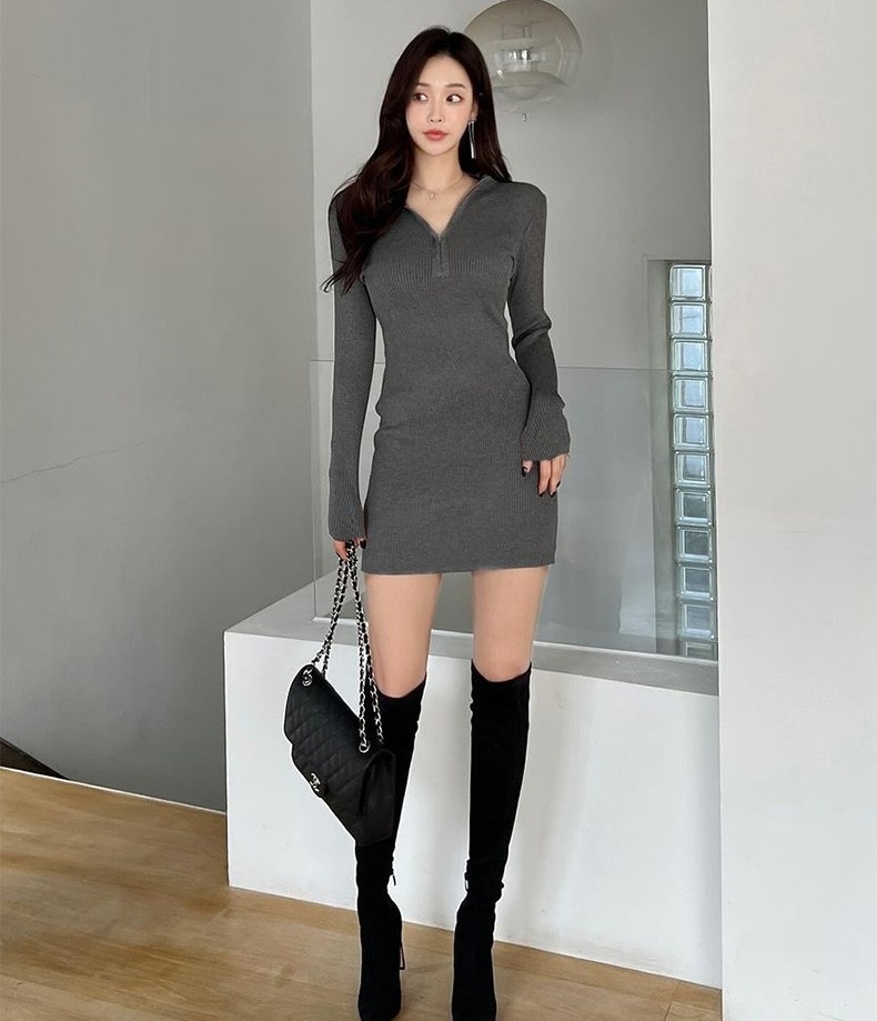 ニットワンピース タイトワンピ セクシー ワンピース ボディコン レディース ミニ タイト 胸元 ショート丈 Vネック ハイネック 長袖 リブ シンプル 大人 おしゃれ お洒落 秋 冬 デート